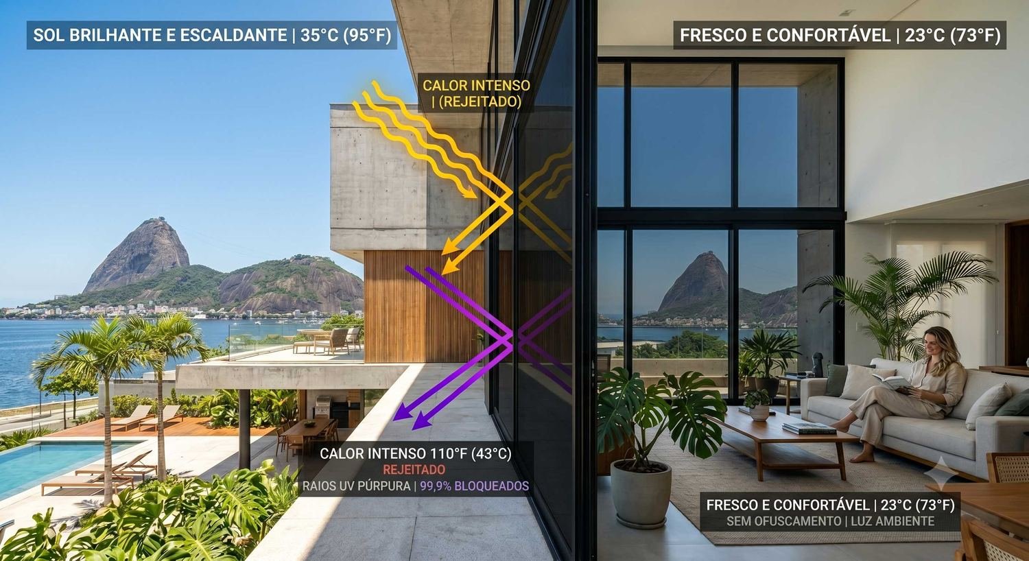 Película de controle solar aplicada em janela de sala com forte incidência de sol